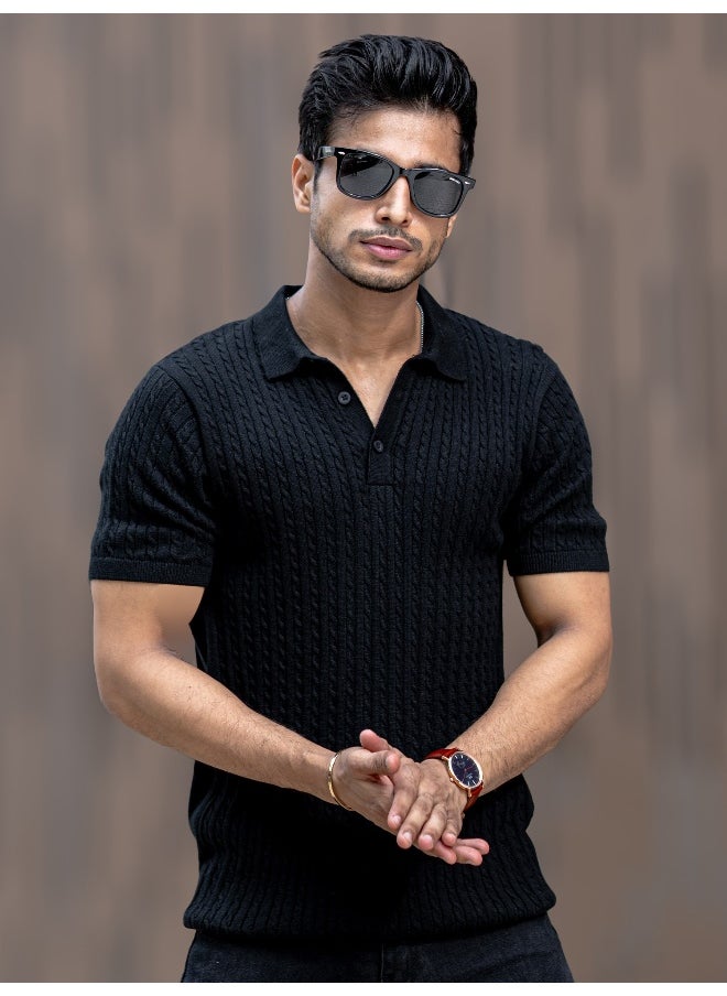 Maniac Maniac Men Half Sleeve Black Ripple Knit Slim Polo T-Shirt  - Image 1