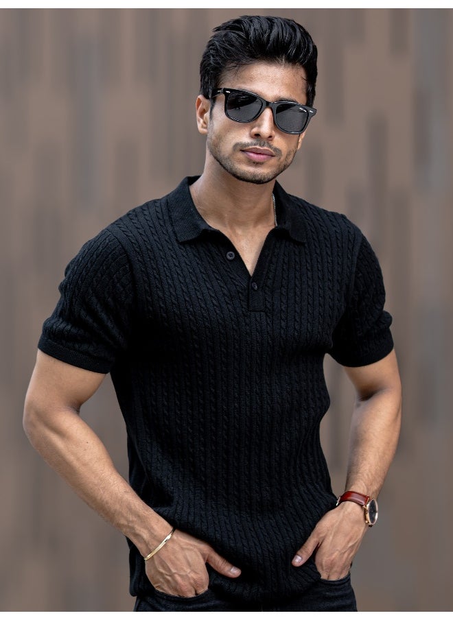 Maniac Maniac Men Half Sleeve Black Ripple Knit Slim Polo T-Shirt  - Image 2