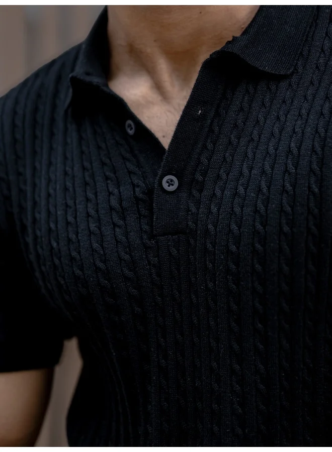 Maniac Maniac Men Half Sleeve Black Ripple Knit Slim Polo T-Shirt