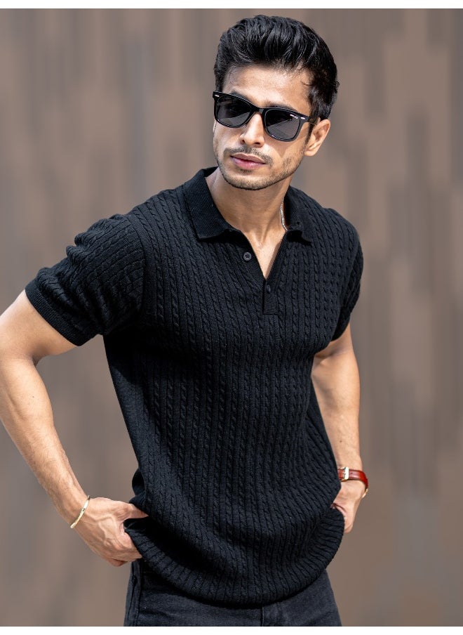 Maniac Maniac Men Half Sleeve Black Ripple Knit Slim Polo T-Shirt  - Image 4
