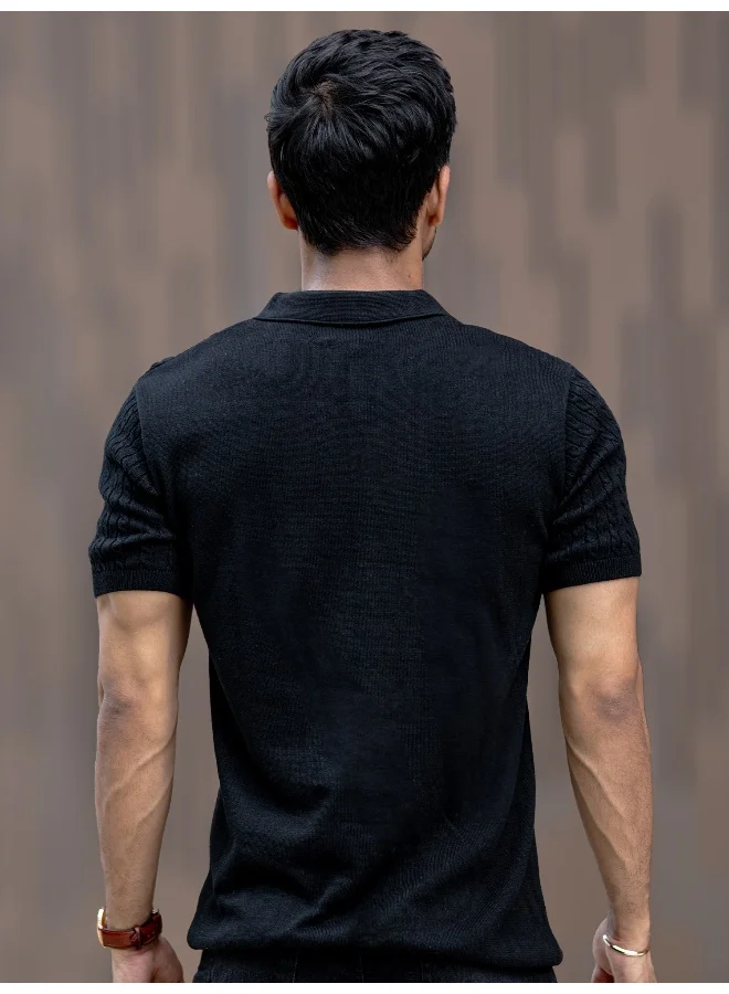 Maniac Maniac Men Half Sleeve Black Ripple Knit Slim Polo T-Shirt