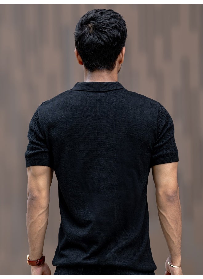 Maniac Maniac Men Half Sleeve Black Ripple Knit Slim Polo T-Shirt  - Image 3