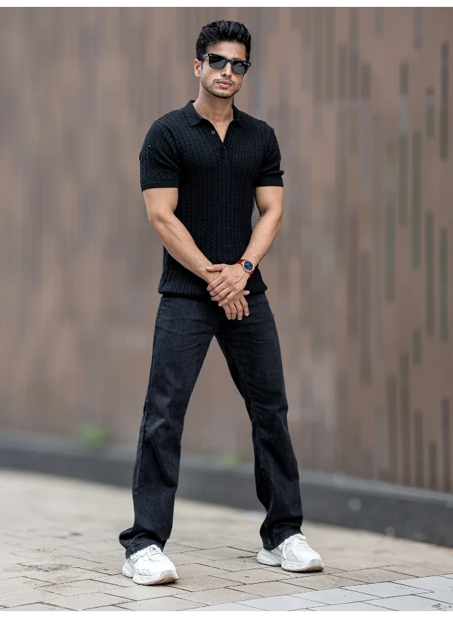 Maniac Maniac Men Half Sleeve Black Ripple Knit Slim Polo T-Shirt