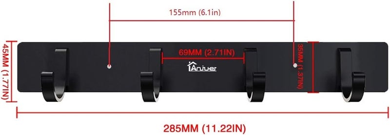 Anjuer رف تعليق المعاطف، مصنوع من سبيكة الألمنيوم، بلمسة نهائية مصقولة، مناسب للمطبخ والحمام، بـ 6 خطافات، لون أسود - Image 4