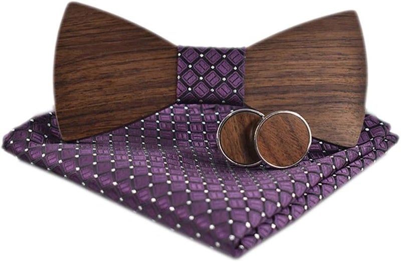 Elfeves Novelty Wood Bow Tie Handmade Groom Groomsman Pre-tie Bowtie Pocket Square and Men's Cufflinks Set with Gift Box - Image 1