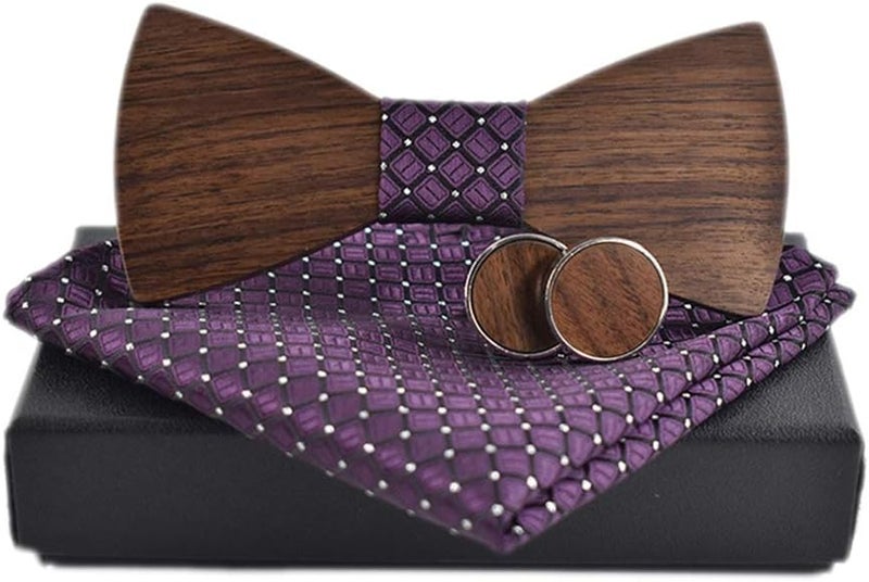 Elfeves Novelty Wood Bow Tie Handmade Groom Groomsman Pre-tie Bowtie Pocket Square and Men's Cufflinks Set with Gift Box - Image 2