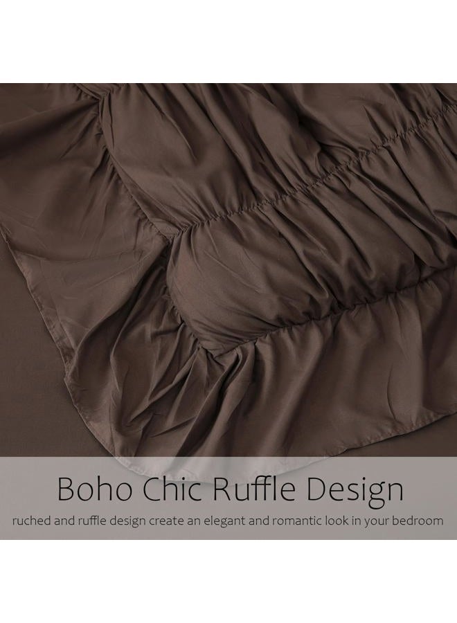 Herside Brown Ruffle Comforter Set King Size,Ruched Boho Bedding 9 Pcs Bed-in-a-Bag,Luxury Bedding Set with Sheet,Shabby Chic Quilt Set Soft Fluffy Vintage Comforter for Room Decor All Season - Image 5