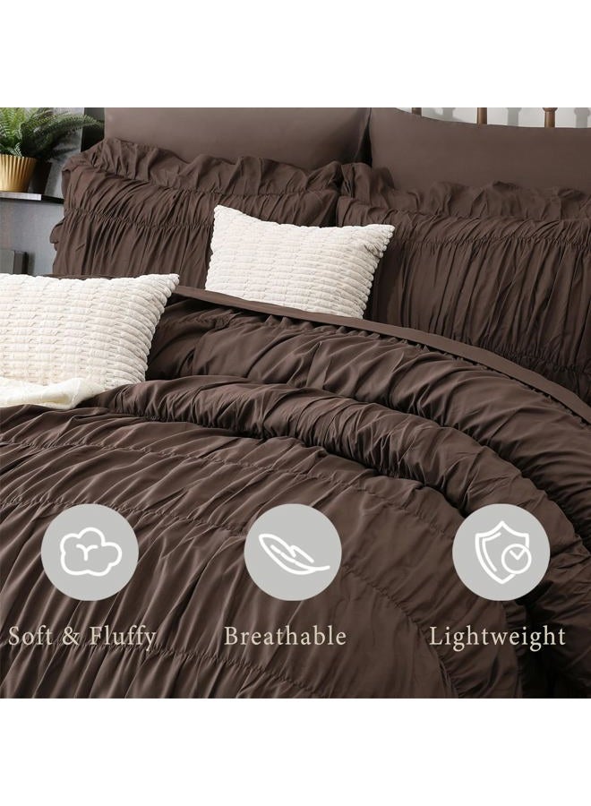 Herside Brown Ruffle Comforter Set King Size,Ruched Boho Bedding 9 Pcs Bed-in-a-Bag,Luxury Bedding Set with Sheet,Shabby Chic Quilt Set Soft Fluffy Vintage Comforter for Room Decor All Season - Image 4