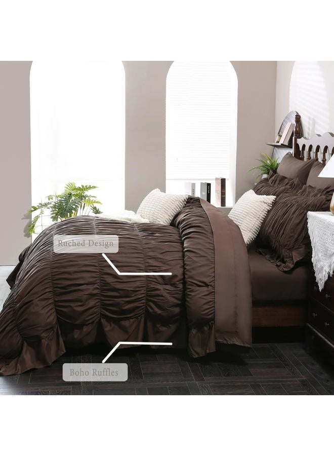 Herside Brown Ruffle Comforter Set King Size,Ruched Boho Bedding 9 Pcs Bed-in-a-Bag,Luxury Bedding Set with Sheet,Shabby Chic Quilt Set Soft Fluffy Vintage Comforter for Room Decor All Season - Image 3