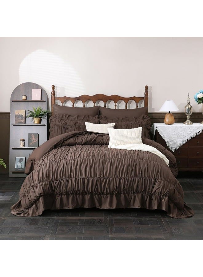 Herside Brown Ruffle Comforter Set King Size,Ruched Boho Bedding 9 Pcs Bed-in-a-Bag,Luxury Bedding Set with Sheet,Shabby Chic Quilt Set Soft Fluffy Vintage Comforter for Room Decor All Season - Image 2