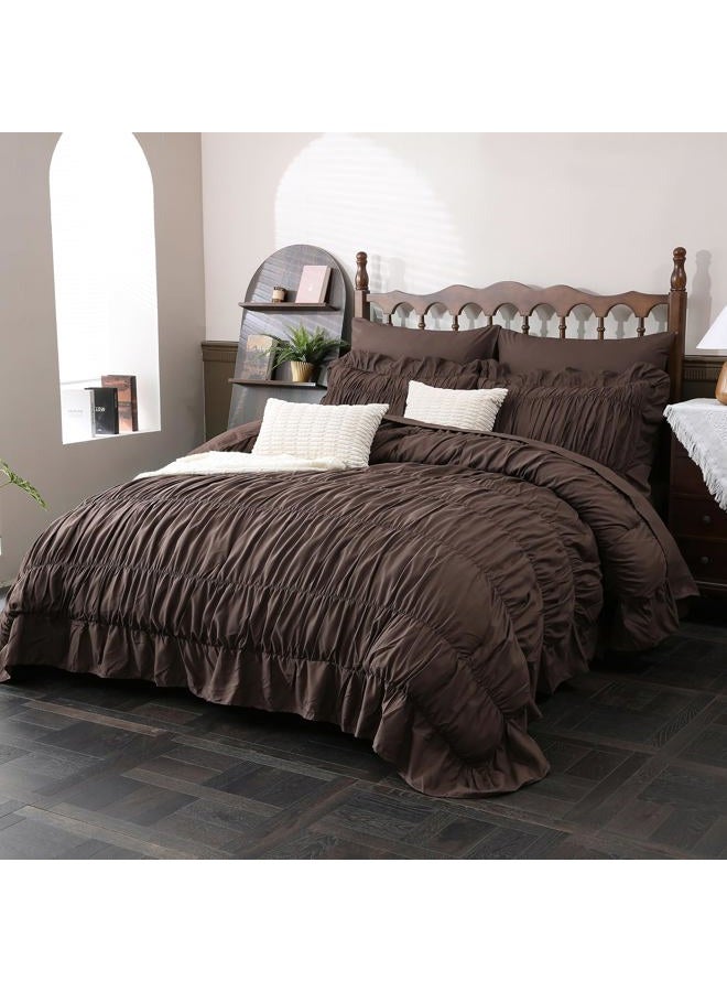 Herside Brown Ruffle Comforter Set King Size,Ruched Boho Bedding 9 Pcs Bed-in-a-Bag,Luxury Bedding Set with Sheet,Shabby Chic Quilt Set Soft Fluffy Vintage Comforter for Room Decor All Season - Image 1