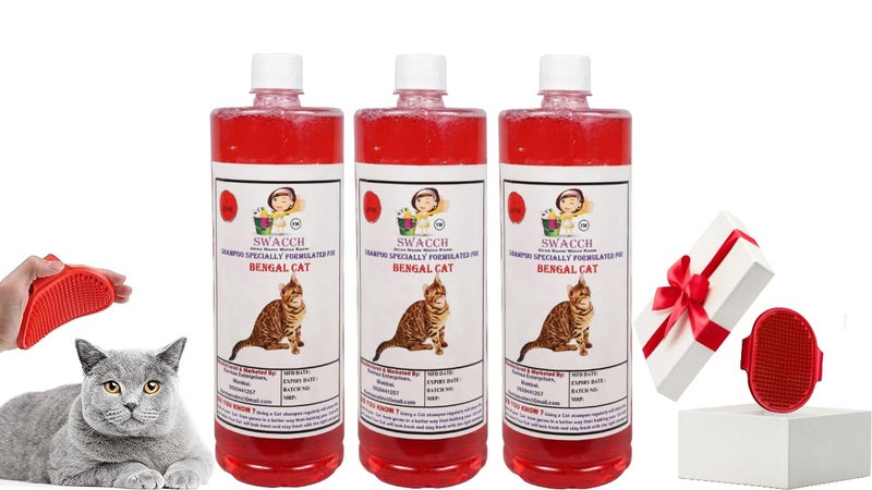 Swacch Bengal Cat Shampoo -1 Litre (Pack of 3) (Jasmine) + Bath Brush with Adjustable Straps Combo Pack - Image 1