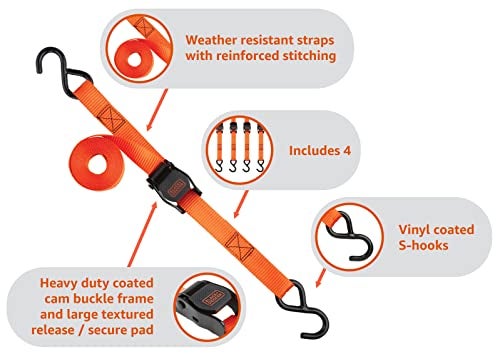 BLACK+DECKER BDX1004 Black/Orange 1" x 10' Cam-Buckle Tie Down Straps - 300 lb Safe Working Load / 900 lb Break Strength, 4 Pack - Image 3