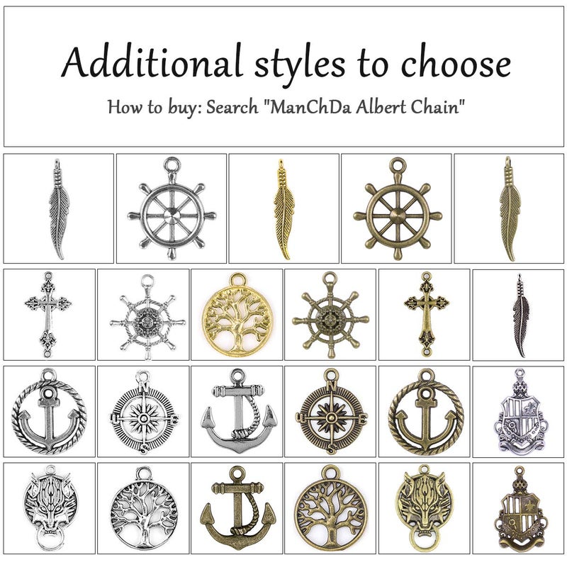ManChDa Double Albert Chain Pocket Watch, Curb Link Chain 3 Hook Antique Plating Shield Design Fob T Bar for Men Silver with Compass - Image 4