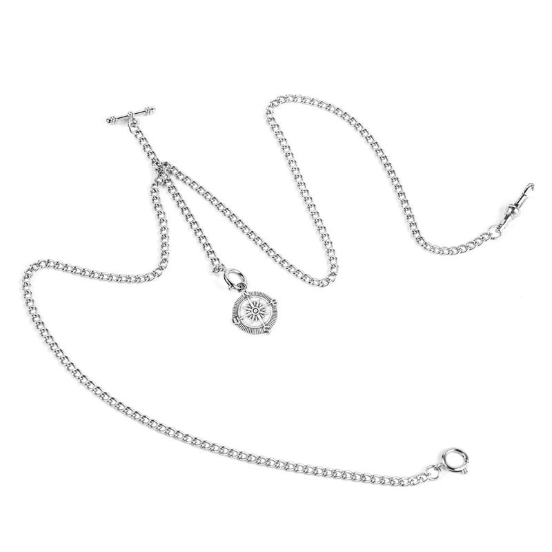 ManChDa Double Albert Chain Pocket Watch, Curb Link Chain 3 Hook Antique Plating Shield Design Fob T Bar for Men Silver with Compass - Image 1