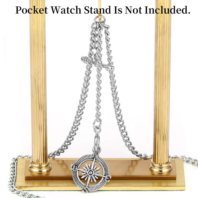 ManChDa Double Albert Chain Pocket Watch, Curb Link Chain 3 Hook Antique Plating Shield Design Fob T Bar for Men Silver with Compass - Image 2