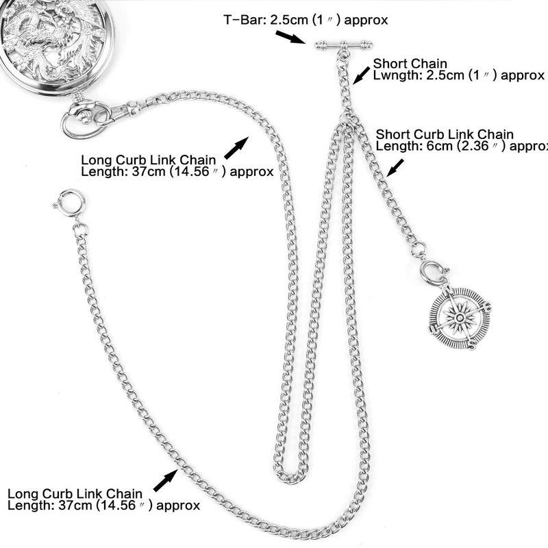 ManChDa Double Albert Chain Pocket Watch, Curb Link Chain 3 Hook Antique Plating Shield Design Fob T Bar for Men Silver with Compass - Image 3