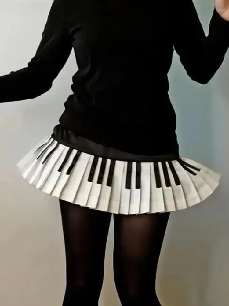 JOLILUNA Harajuku Piano Skirt for Women Y2k Streetwear Piano Mini Skirt Coquette Aesthetic Grunge Outfit Summer 2025 (Black,X-Large) - Image 2