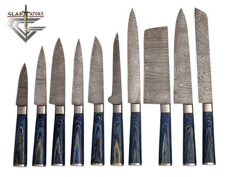 GladiatorsGuild G25 Professional Kitchen Knives Custom Made Damascus Steel 10 pcs of Professional Utility Chef Kitchen Knife Set Round Blue Wood Handle with Pocket Case Chef Knife Roll Bag