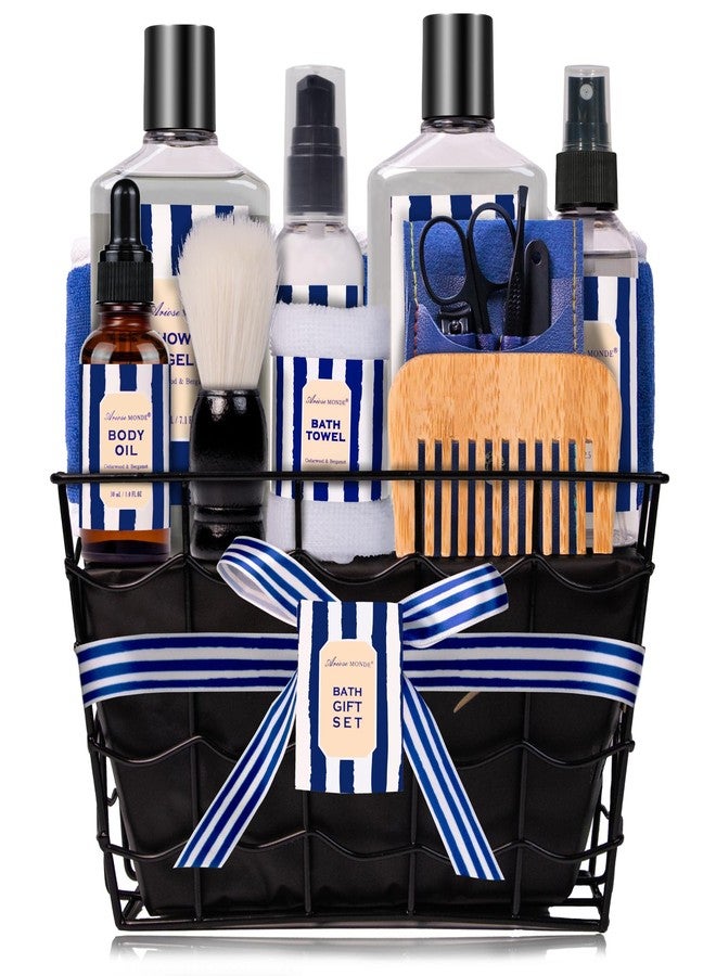 ArioseMonde هدايا الآباء للرجال مجموعة هدايا الحمام والعناية بالجسم للرجال مع 10 قطع من مجموعة هدايا السبا من خشب الأرز والبرغموت، مجموعة هدايا الحمام تشمل بلسم اللحية، حمام فقاعات. سلة هدايا سبا مثالية للاسترخاء للرجال - Image 1