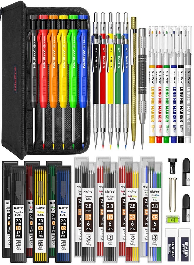 Nicpro 42Pack Carpenter Pencil with Sharpener, Mechanical Carpenter Pencils Set with Deep Hole Long Nib Marker Pen, Carbide Scribe Tool & Construction Pencil for Architect Woodworking-With Canvas Case - Image 1