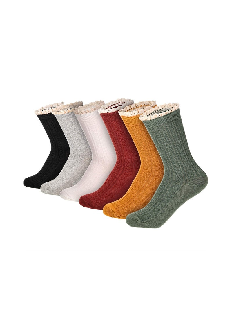 Excefore 6 Pairs Women's Ankle Socks, Lace Ruffle Frilly Ankle Socks Vintage Cute Trim Ankle Crew Socks Cotton Knit Socks Japanese Lolita Women's Socks - Image 1