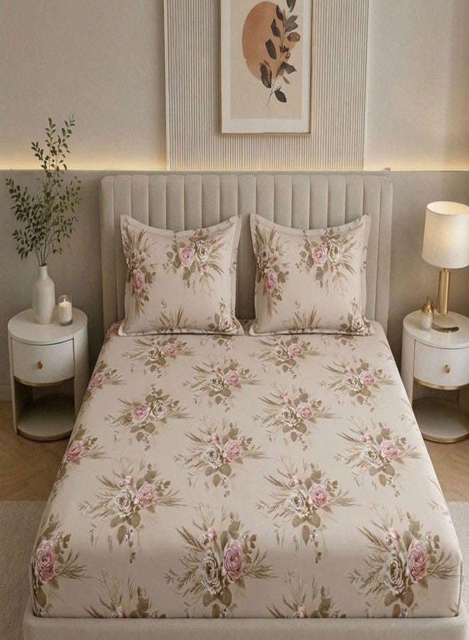 Castiqa 310TC Cotton Feels All Around Elastic Soft Premium Floral Super King XXL Jointless Bedsheet 108 x 108 Inches with Two King Size Pillow Covers (Multicolor XVI) - 3 Piece Set - Image 1