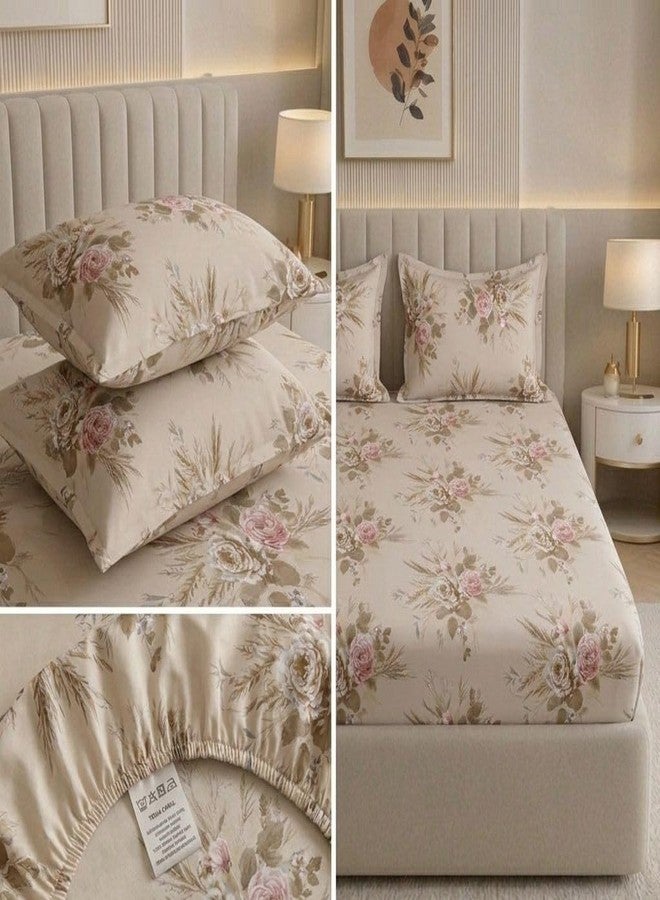 Castiqa 310TC Cotton Feels All Around Elastic Soft Premium Floral Super King XXL Jointless Bedsheet 108 x 108 Inches with Two King Size Pillow Covers (Multicolor XVI) - 3 Piece Set - Image 3