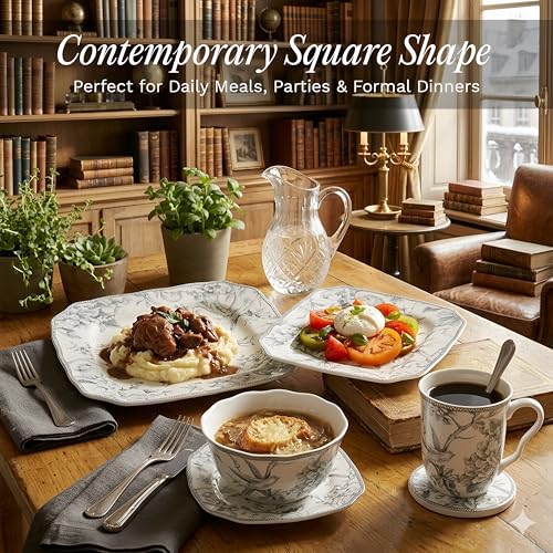222 Fifth Adelaide Grey 16-Piece Floral Porcelain Dinnerware Set | Microwave and Dishwasher Safe Dining Set for 4 | Stackable and Chip-Resistant Plates Bowls and Cups | Gift for Housewarming & Wedding - Image 3