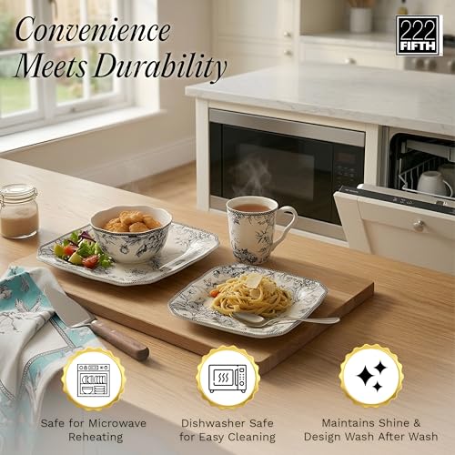 222 Fifth Adelaide Grey 16-Piece Floral Porcelain Dinnerware Set | Microwave and Dishwasher Safe Dining Set for 4 | Stackable and Chip-Resistant Plates Bowls and Cups | Gift for Housewarming & Wedding - Image 4