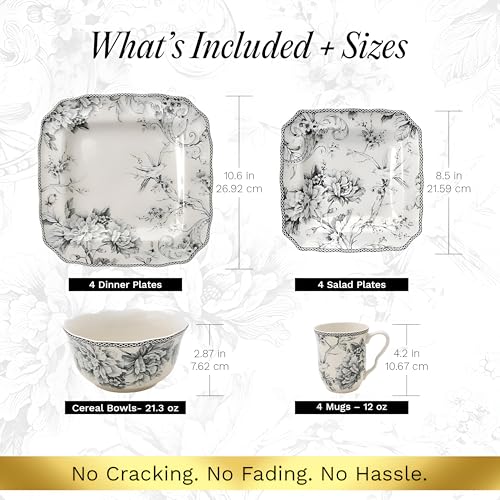 222 Fifth Adelaide Grey 16-Piece Floral Porcelain Dinnerware Set | Microwave and Dishwasher Safe Dining Set for 4 | Stackable and Chip-Resistant Plates Bowls and Cups | Gift for Housewarming & Wedding - Image 2