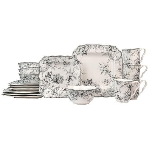 222 Fifth Adelaide Grey 16-Piece Floral Porcelain Dinnerware Set | Microwave and Dishwasher Safe Dining Set for 4 | Stackable and Chip-Resistant Plates Bowls and Cups | Gift for Housewarming & Wedding - Image 1
