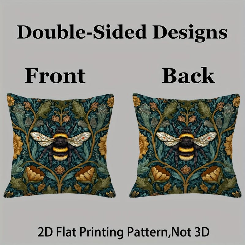 Vintage Floral Bee Pillowcase 20x20in Dark Green Golden Zipper Decorative Cover - Image 5