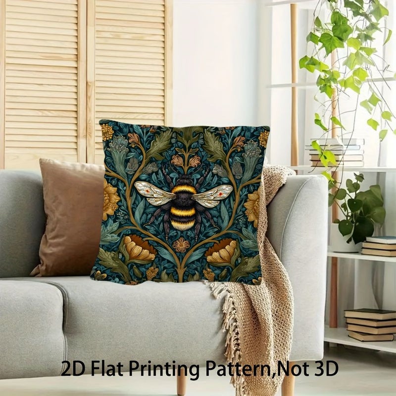 Vintage Floral Bee Pillowcase 20x20in Dark Green Golden Zipper Decorative Cover - Image 2