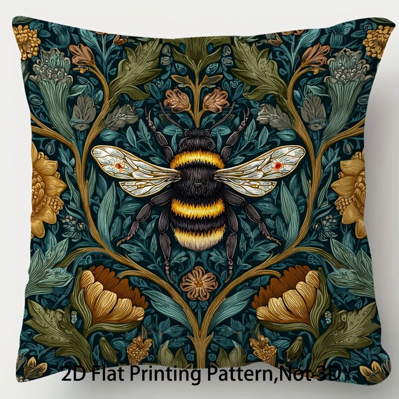 Vintage Floral Bee Pillowcase 20x20in Dark Green Golden Zipper Decorative Cover - Image 1