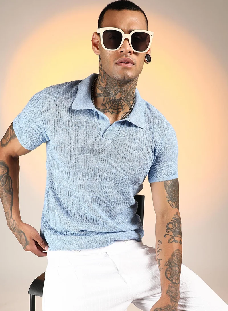 Campus Sutra Men's Powder Blue Brick-Ribbed Polo T-Shirt
