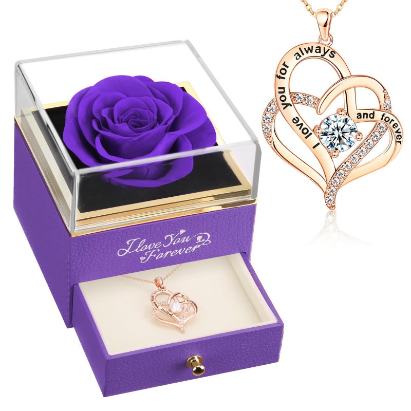 WILDLOVE Forever Real Rose with Heart Necklace Preserved Flowers Gifts for Mom Wife and Girlfriend on Christmas Valentines Day Mothers Day Birthday for Women Her  Purple
