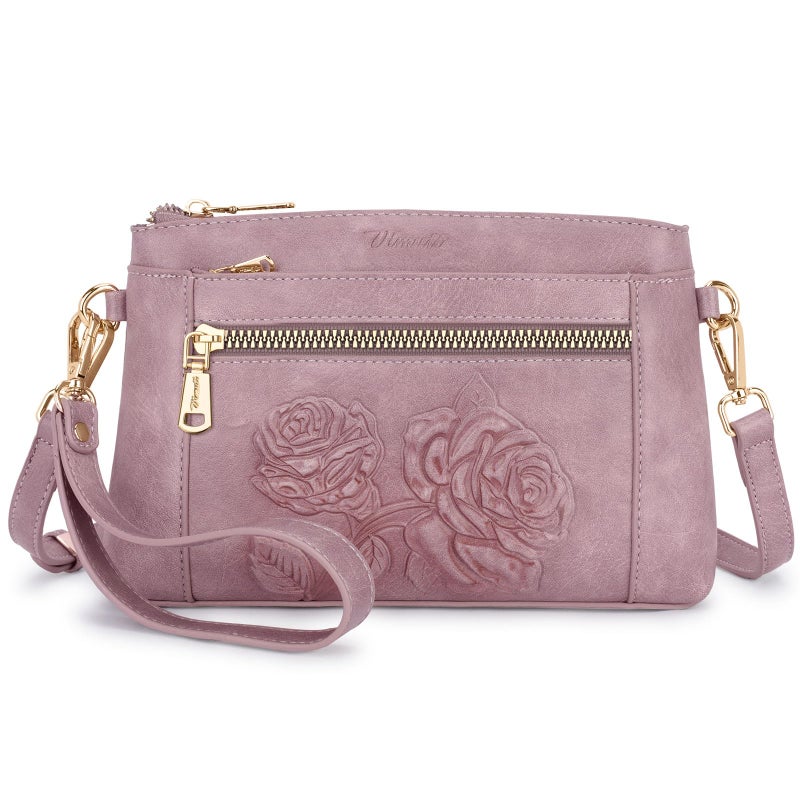 VIMUTI Vegan Leather Wristlet Wallet Purse for Women Small Clutch Purse with 2 Straps,Embossed Crossbody Cell Phone bag (Purple) - Image 1
