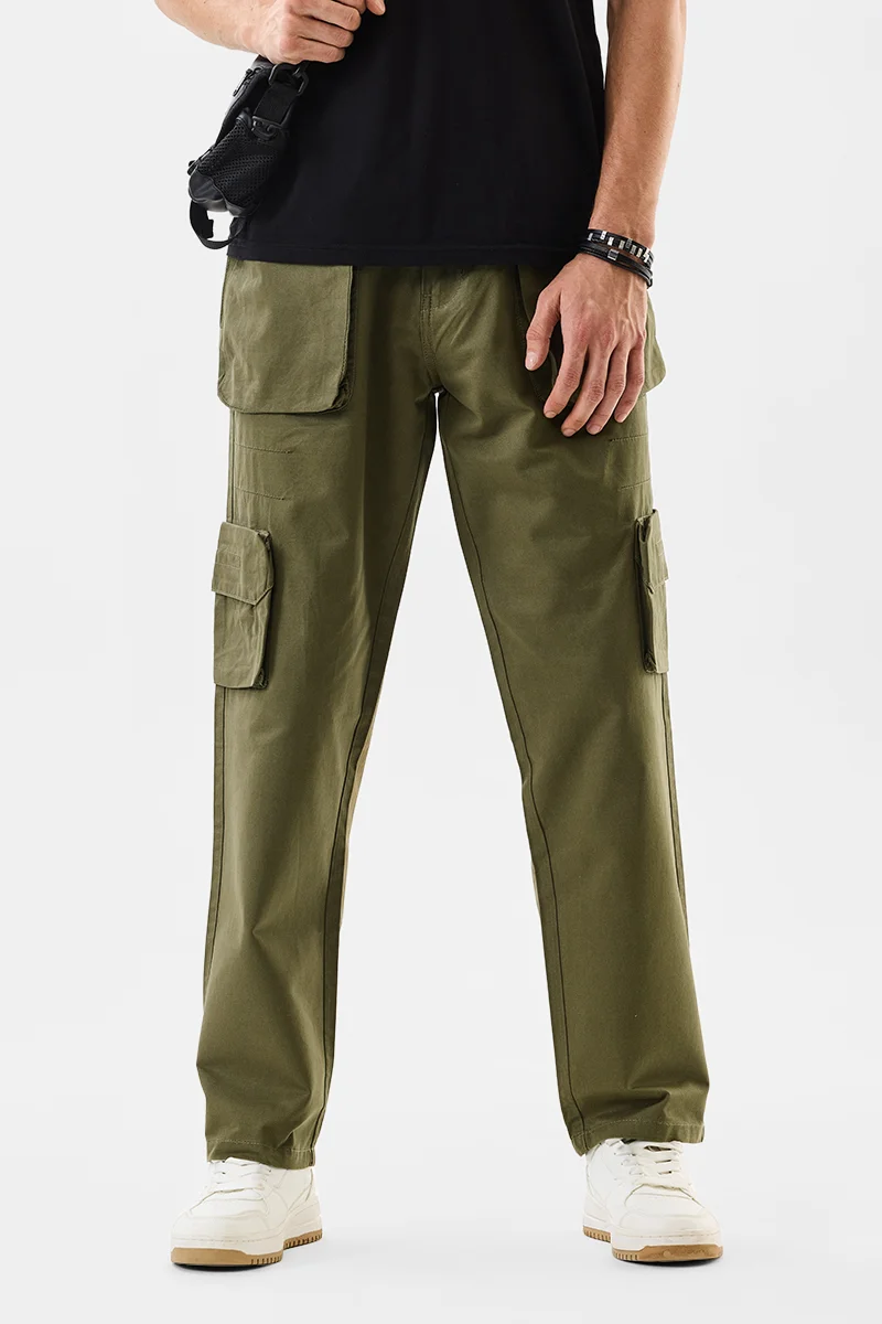 سنيتش Olive Solid Loose Fit Streetwear Cargo
