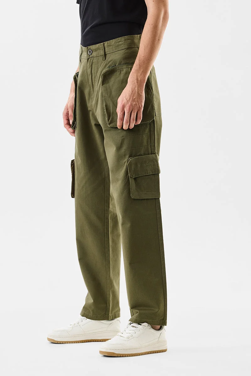 SNITCH Olive Solid Loose Fit Streetwear Cargo