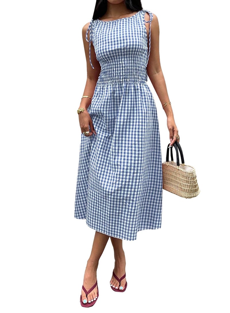 Acelitt Summer Maxi Dresses for Women 2026 Smocked Waist Gingham Dress Flowy A Line Beach Long Sundresses with Pockets Vacation Outfits Blue Small - Image 1