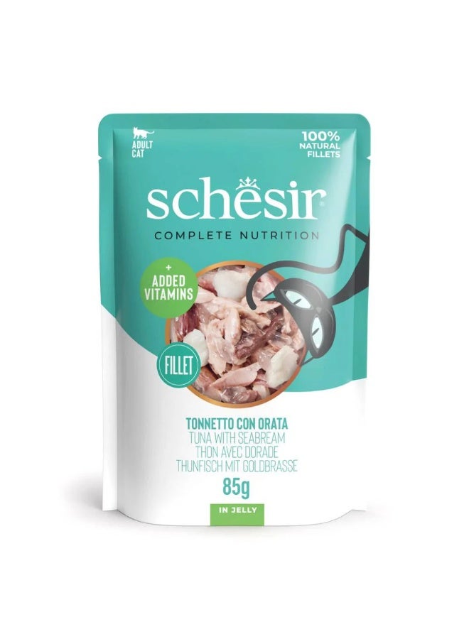 شيسر شيسير - طعام قطط رطب متكامل ومتوازن في كيس جيلي - تونة مع سمك الدنيس - 85 جم