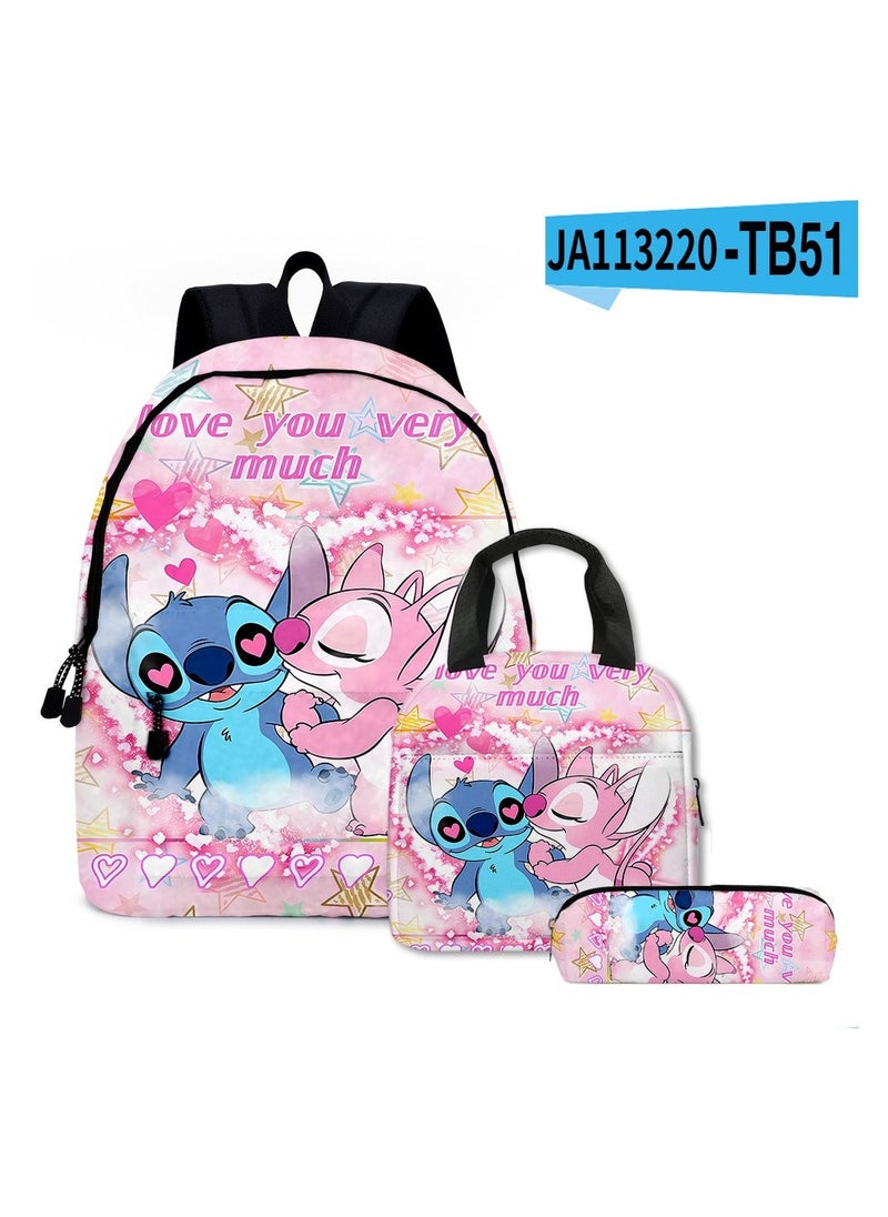 SKT Shiketro New Cartoon Stitch Backpack School Bag Children's Lunch Bag Pencil Bag Three-Piece Set For Primary And Secondary School Students 30*40*17cm