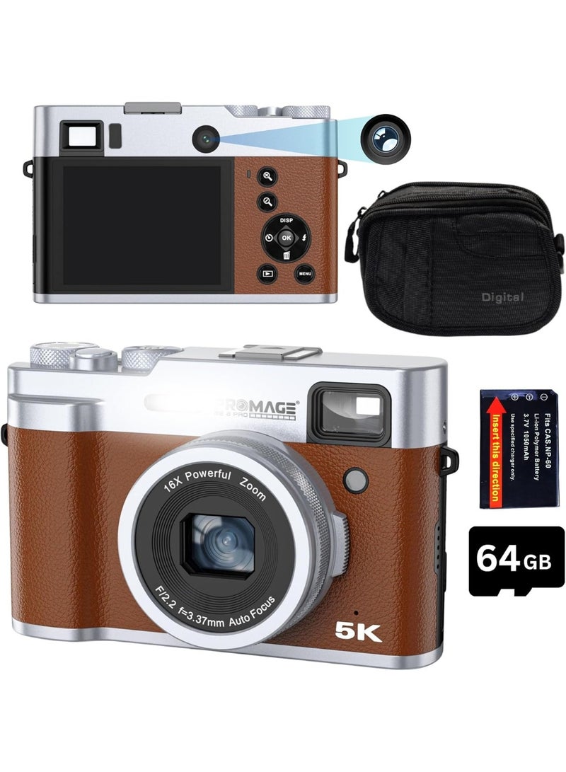 PROMAGE PROMAGE PC225 Digital Camera 48MP – Brown, 4K Video, 3.0″ Flip LCD Screen, 16X Digital Zoom, USB Type-C Rechargeable, Vlogging Camera - Image 1