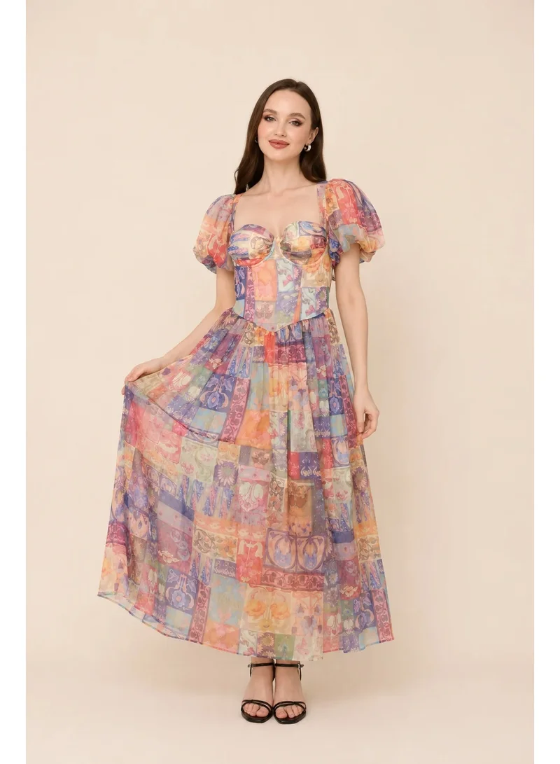 2Trendy Women's Pink Maxi Dress with Puff Sleeves and Colourful Patchwork Print