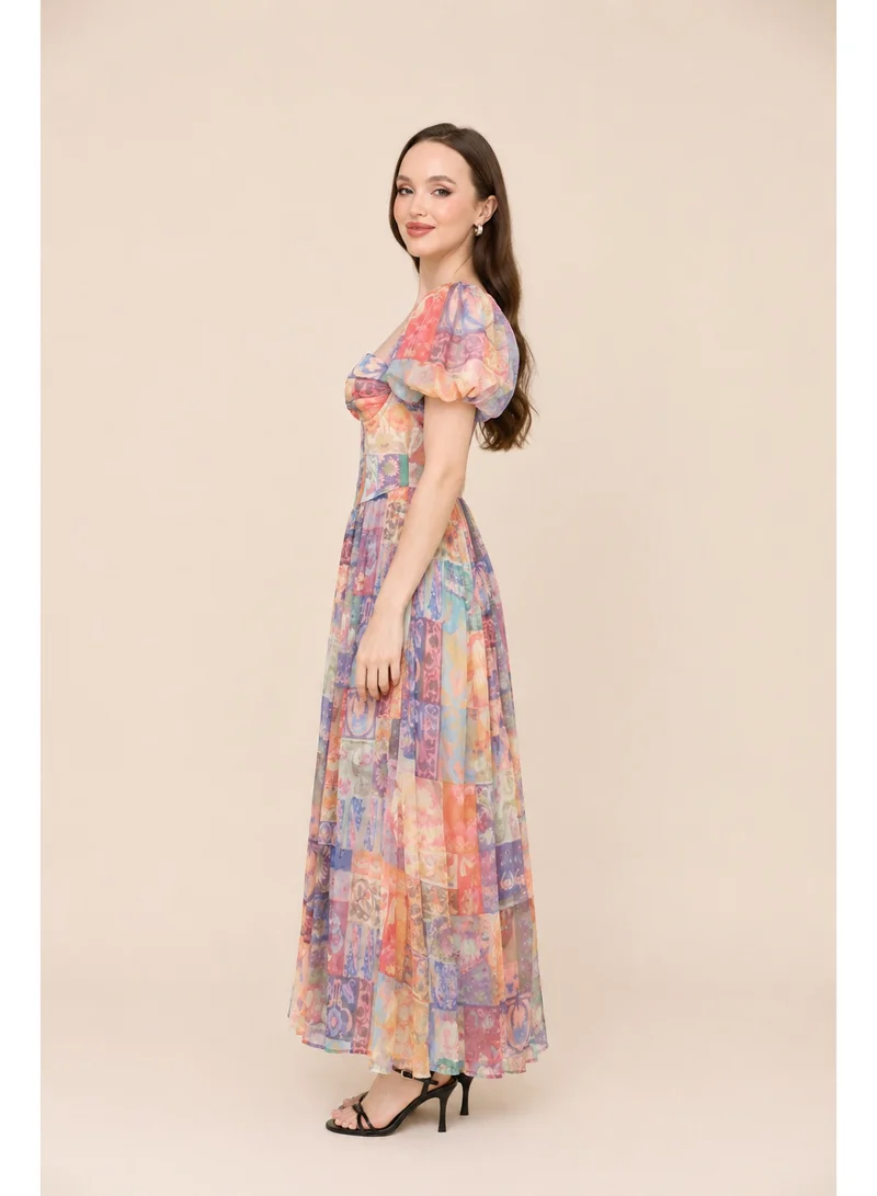 2Trendy Women's Pink Maxi Dress with Puff Sleeves and Colourful Patchwork Print