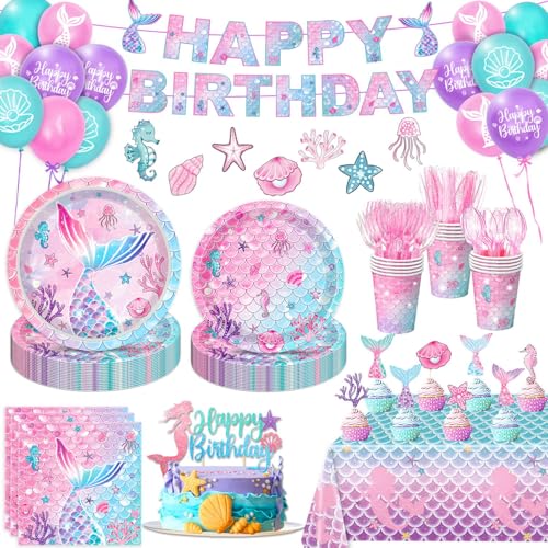 QIYANPAX Mermaid Birthday Decorations Supplies Plates Napkins Cups Cutlery Banner Hanging Swirls Cake Cupcake Toppers Balloons Tablecloth for Mermaid Party Decorations Serves 20 - Image 1
