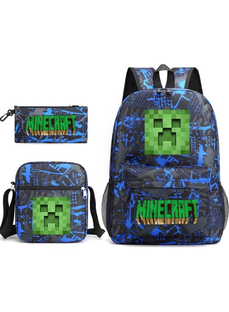 ماين كرافت 3PCS Backpack Set,Minecraft School Backpack,Large Capacity Casual Backpack with Lunch Bag and Pencil case for Boys Girls Students