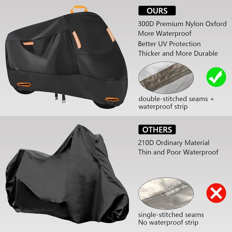 seceles 300D Heavy Duty Motorcycle Cover, All Season Durable Waterproof Outdoor Protection Scooter Cover 4 Reflective Tape Lock-Holes Fits up to 88" Yamaha Honda Harley Suzuki (XXL: 90" x 35" x 50") - Image 2