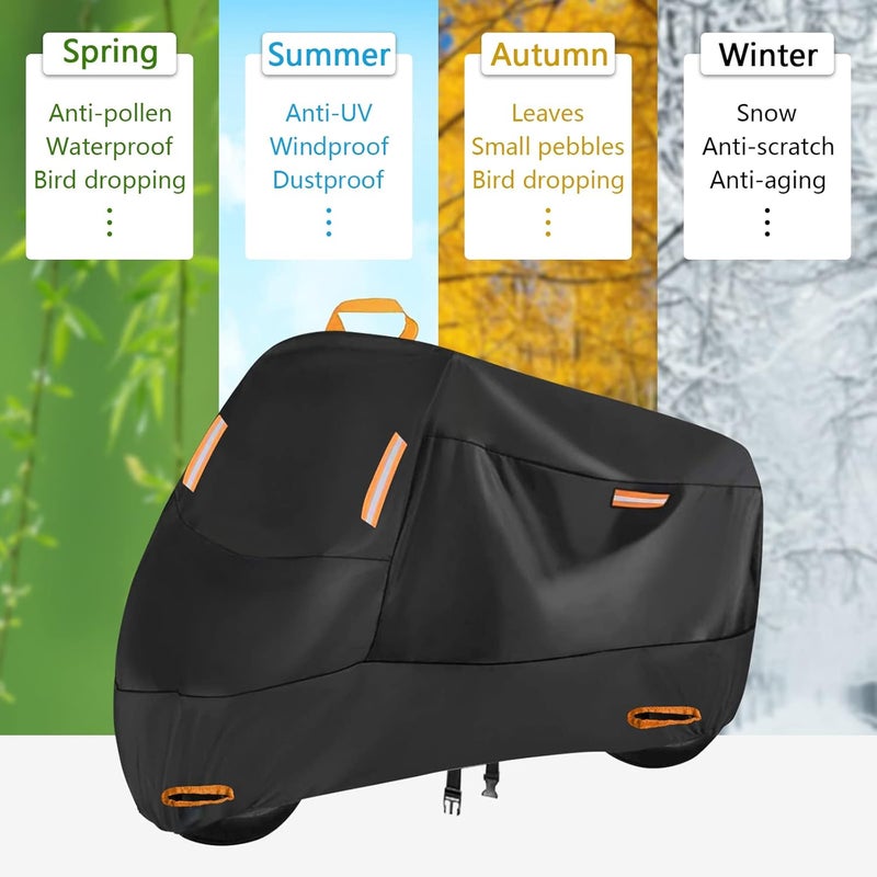seceles 300D Heavy Duty Motorcycle Cover, All Season Durable Waterproof Outdoor Protection Scooter Cover 4 Reflective Tape Lock-Holes Fits up to 88" Yamaha Honda Harley Suzuki (XXL: 90" x 35" x 50") - Image 5